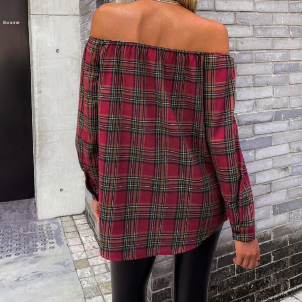 Cozy Plaid Off Shoulder Button up Top - Picture 3 of 4